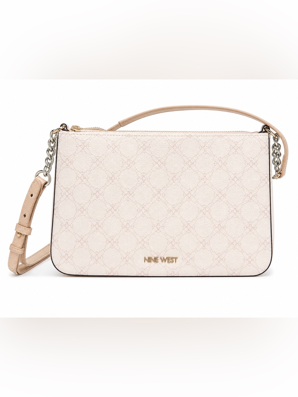 Nine West Light Beige Patterned Crossbody Bag with Chain Strap